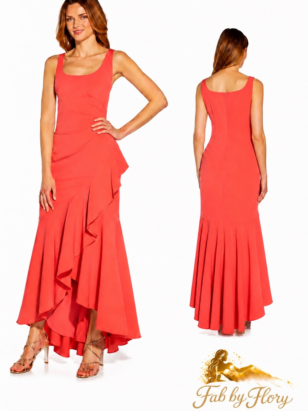 🌺 Adrianna Papell Coral Ruffle Mermaid Maxi Dress 🌺